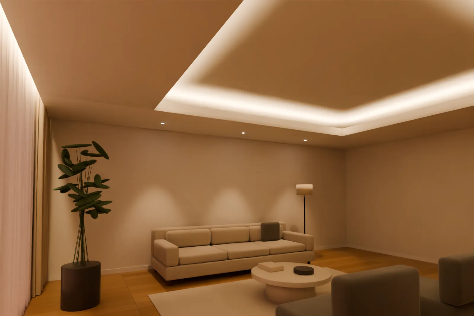 Imagem ilustrativa: vista lateral de sala com rebaixamento em gesso, sanca aberta e spots que iluminam as paredes